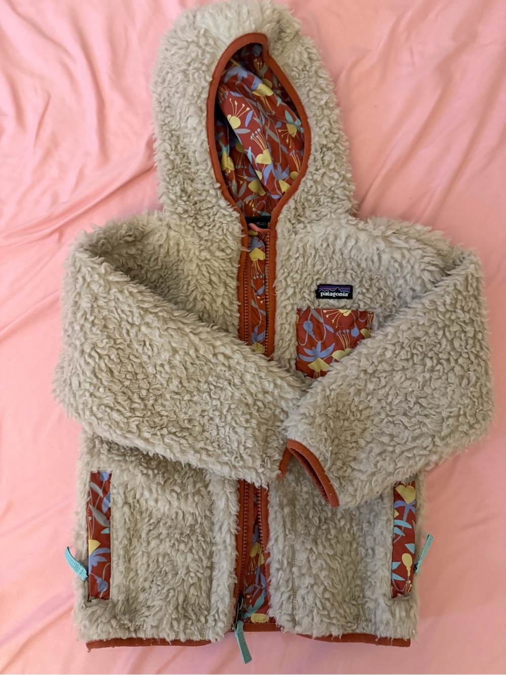 Patagonia Kids Cream Sherpa Hooded Puffer with Rust Floral Trim